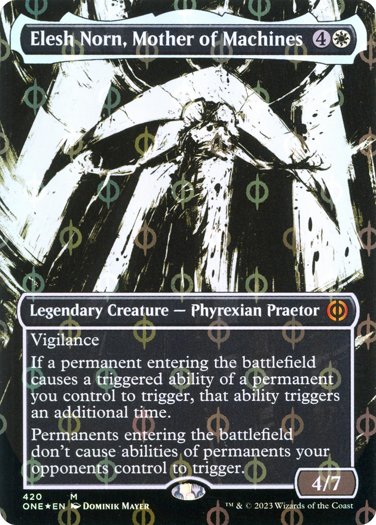 all borderless mtg cards Elesh Norn, Mother of Machines (Borderless Ichor Step-and-Compleat Foi