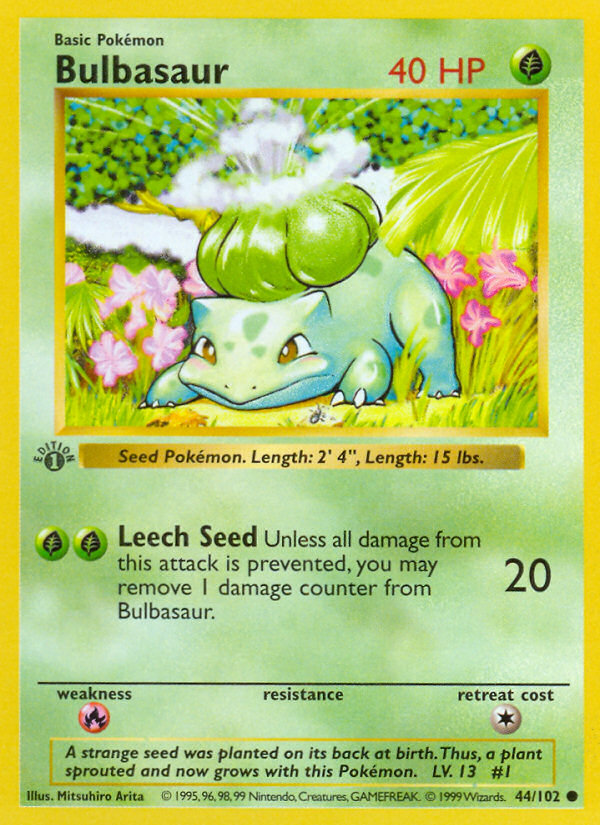 first edition base set pokemon cards Bulbasaur (44/102) (Shadowless) [Base Set 1st Edition]